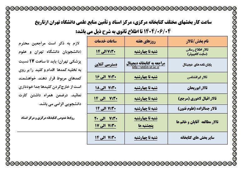 ساعت کار بخش‌های مختلف کتابخانه مرکزی، مرکز اسناد و تامین منابع علمی دانشگاه تهران